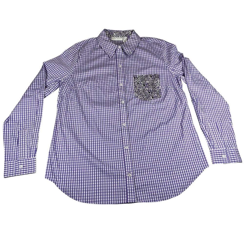 Susan Graver‎ Purple Gingham Button Up Shirt Womens Size 6 Heart Pocket NWOT